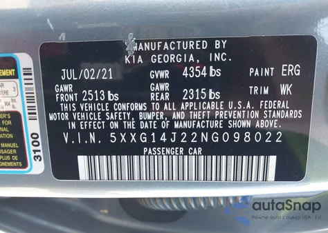 2022 Kia K5 Lxs z USA, uszkodzony, nr VIN 5XXG14J22NG098022